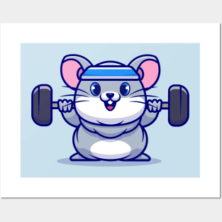 Cute Mouse Lifting Barbell Cartoon Posters and Art